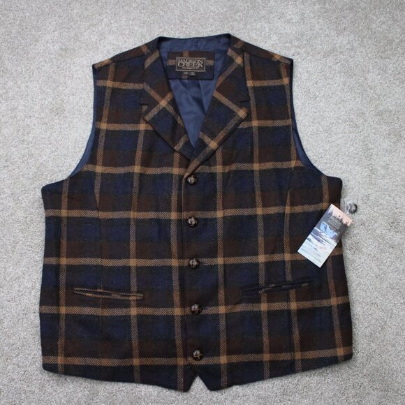 Madison Creek Wool Vest NWT Mens 2XL XXL Brown/Blue Plaid Asheville Poly Lined - Picture 1 of 16